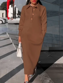 MOOD WOOD Women's Fall/Winter New Arrival Collared Loose-Fit Long-Sleeve Dress | Solid Color Half-Button Down Side-Slit Ankle-Length Maxi Dress | Commuter & Casual Flattering Silhouette - 棕色 - 查看 2