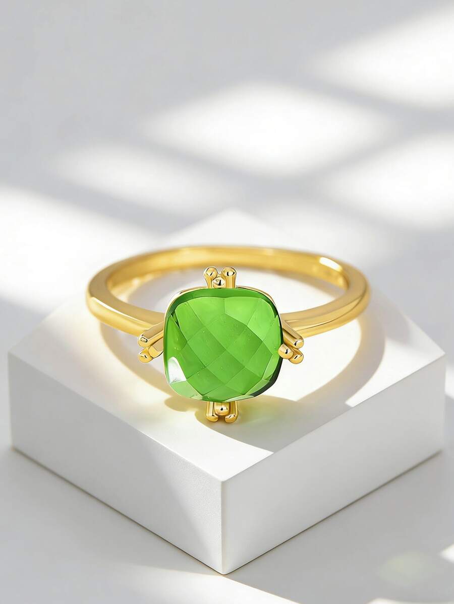 Charm-In Nhẫn nữ mạ vàng đính đá Zirconia màu xanh lá cây hình đệm, kiểu dáng cá tính và thanh lịch, thích hợp đeo hàng ngày, là món quà lý tưởng dành cho phái nữ vào dịp sinh nhật, kỷ niệm và các sự kiện mùa xuân. - Vàng - Xem 1