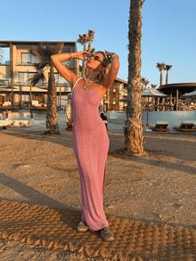 女士度假沙滩吊带针织连衣裙，春夏款 - 粉色 - 查看 3