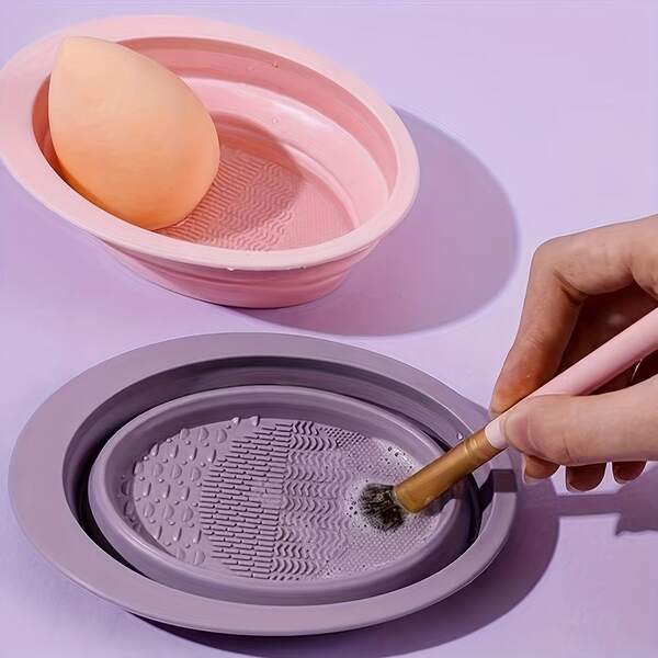 1 Piece Collapsible Silicone Makeup Brush Cleaning Bowl, Can Be Used To Recycle The Portable Makeup Brush Cleaning Mat. Cleaning, Drying, And Washing Tools For Beauty Brushes, Powder Puffs, And Sponges. Quick-Drying Cleaning Box For Makeup Tools