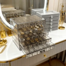 Large Capacity Jewelry Organizer Box, 3/5 Tier Transparent Drawer Jewelry Storage Case, Earring Ring Necklace Bracelet Display Holder, Portable Desktop Small Jewelry Accessories Storage Box, Perfect Gift For Women And Girls Best Friends - 透黑色 - 查看 7