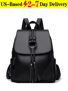 Leather Backpack Purse ,Casual Genuine Leather Handbags For Travel And School - Fashion Designer Shoulder Bags, Large Capacity, Beach Bag, Lightweight, Anti Theft Tassel Decor Flap Backpack New-Design Women's Backpack Large Capacity School Bag Quality PU Leather Ladies Travel Backpack, Leather Fashion Cute Small Backpacks,Purses PU Leather Daypacks Anti-Theft Shoulder Bag Satchel Purse,An Ideal Option For Outdoor Use, Like Camping, Shopping, Travel, Date, Work, Etc. Also An Awesome Gift For Birthday, Thanksgiving, Mother's Day, Christmas. - 黑色 - 查看 1