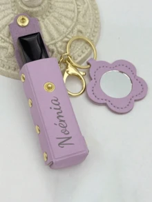 Customizable Lipstick Pouch, Solid Color PU Leather Lipstick Holder With Heart-Shaped Mirror, Women's Makeup Keychain, Customizable Name, Heart-Shaped And Bag Pendant, Fashion Keychain Accessory - Multicolor - View 5