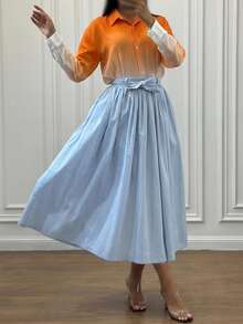 Conjunto de 2 piezas para mujer Vuslat Spring, con camisa de manga larga elegante y versátil con lazo en la cintura y falda de largo medio, ideal para ocasiones elegantes como fiestas, regreso a clases, graduación, citas nocturnas y cumpleaños - Multicolor - Ver 4