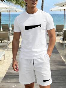 男士字母印花T恤和短裤休闲套装，夏季假日 - 白色 - 查看 1