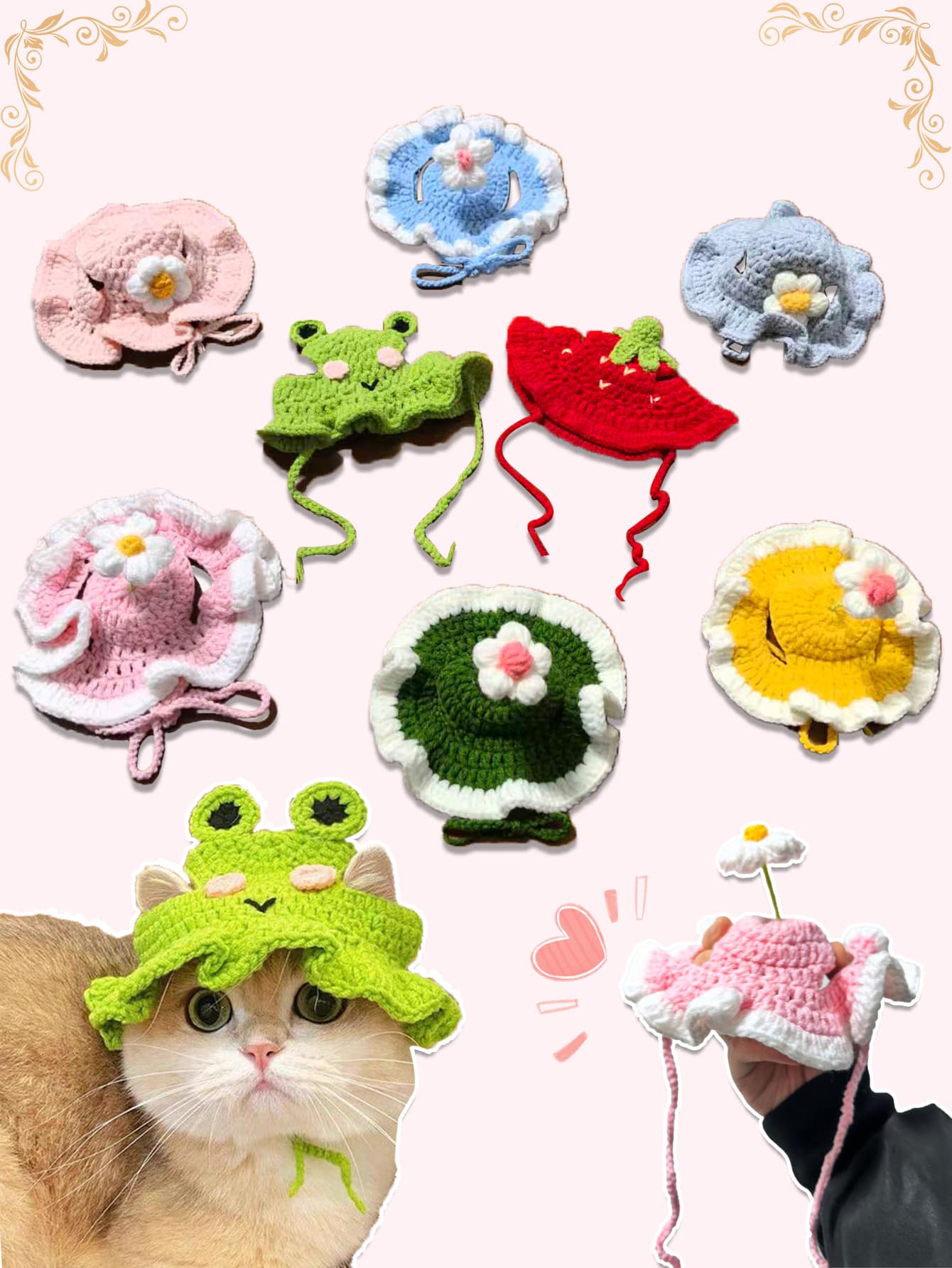 LANGXINGCS 1pc Handmade Knitted Puppy/Cat/Frog Shaped Pet Hat, Made Of Polyester, Funny Costume Party Headwear Suitable For Small Cats - Multicolor - View 1