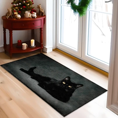 1 قطعة سجادة مطبوعة بنمط قطة سوداء، حصيرة صوفية اصطناعية - عالية الامتصاص، سهلة التنظيف، مناسبة لديكور المنزل، المزرعة، المدخل، الداخلي، الغرفة، المطبخ، غرفة الطعام، المكتب الصغير/المنزلي، الحوض، غرفة الغسيل، حصيرة الباب، حصيرة المطبخ، حصيرة مانعة للانزلاق