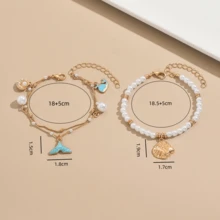 2pcs Double Layer Ocean Style Enamel Blue Whale Tail Pendant Bracelet Set, Suitable For Beach, Party, Date, Daily Wear - White - View 2