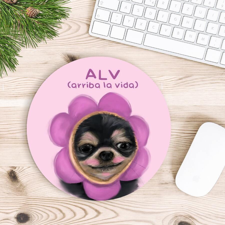 Tapete Para mouse pad En Escritorio Sublimado Con Diseño De Perrito Con Flor - Redondo - Ver 1