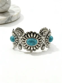 1pc Metal Vintage Silver Turquoise Decor Bohemian Style Women's Open Cuff Bracelet Suitable For Daily Wear, Vacation And Multiple Occasions - Multicolor - View 6