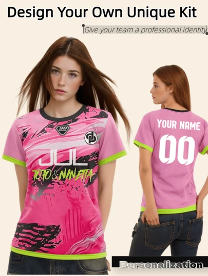 1pc Women's Pink "Jul" Personalized Sports Jersey - Customizable Name And Number, Game T-Shirt, Can Add Your Name And Number On The Back, Made Of Quick-Dry Breathable Material, 2026 World Cup, Gul Gaming, Valentine's Day Gift