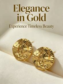 Large Gold Stud Earrings. Stainless Steel Badge Earrings, Ladies' Round Disc Earrings With Irregular Texture. Fashionable Retro Jewelry. - Multicolor - View 3