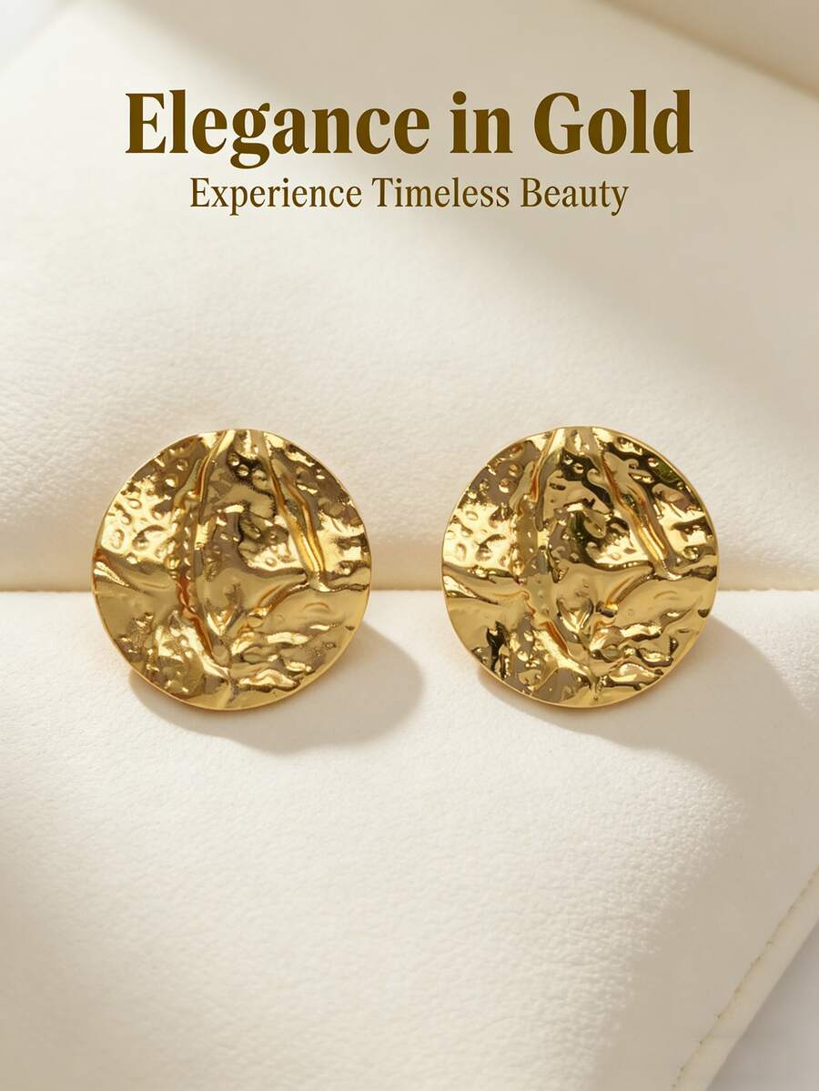Large Gold Stud Earrings. Stainless Steel Badge Earrings, Ladies' Round Disc Earrings With Irregular Texture. Fashionable Retro Jewelry. - Multicolor - View 1