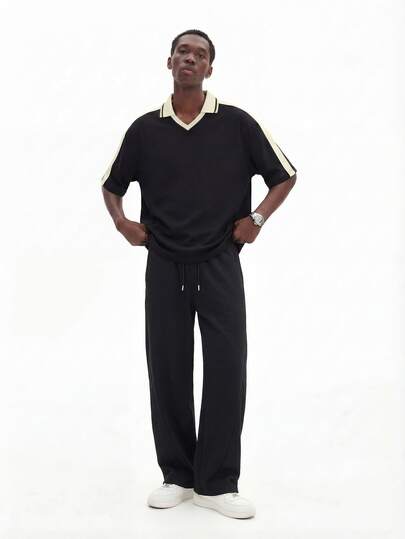 Voidago WHITE SHARK Men's Casual Colorblock Airplane Collar Loose Short Sleeve T-Shirt Paired With Straight Leg Casual Pants Set, Spring/Summer