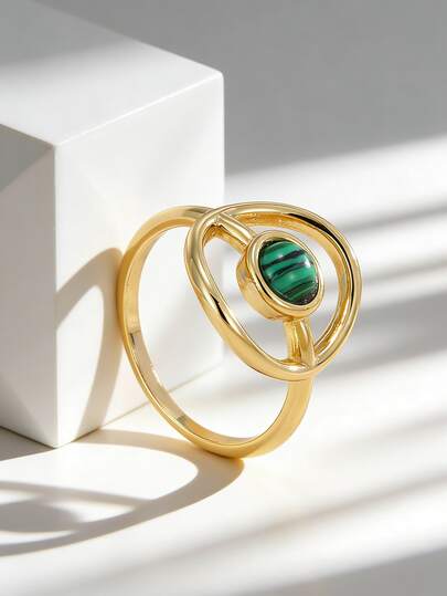 Charm-In Fashion Gold Plated Malachite Inlaid Geometric Layered Ring, Minimalist Modern Jewelry For Daily & Party, Great Gift For Women