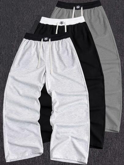 男士百搭简约多功能不挑剔刺绣黑色抽绳宽松休闲运动裤，适合所有季节，深灰色