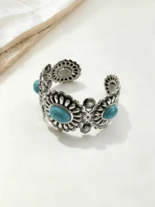 1pc Metal Vintage Silver Turquoise Decor Bohemian Style Women's Open Cuff Bracelet Suitable For Daily Wear, Vacation And Multiple Occasions - Multicolor - View 5