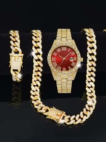 3 件欧美时尚嘻哈水钻 12 毫米手链、项链、石英腕表套装，男士街头风格配饰 - 金黃色 - 查看 16