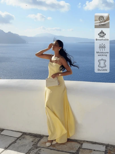 Linen Casual Vacation Dress, Solid Color Linen Slim Fit Sleeveless Dress, Yellow, Suitable For Beach, Travel, Vacation