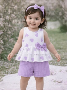 2 pièces/Set Tenue décontractée et douce pour bébé fille, Top sans manches à imprimé cœur avec double volant et nœud, short unicolore confortable. Ensemble d'été - Parme - Voir 10