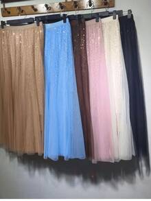 Women's Midi Tulle Skirt With Sequins, New Spring/Autumn 2025 Style, High-Waisted A-Line Skirt That Slims The Silhouette. Casual, Elegant Party, Sequin, Contrast, Openwork Fabric, Mesh, Contrast. - Màu xanh nhạt - Xem 3