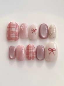 10 móng tay giả thủ công nguyên chất, móng ngắn hình oval, màu hồng, be và vàng, kiểu mắt mèo với họa tiết caro và nơ hoa, móng giả dễ thương phong cách Y2K, thích hợp cho phụ nữ và bé gái, dùng cho mùa xuân, hè, thu, đông, ngày lễ và sinh hoạt hàng ngày. - Hồng - Xem 1