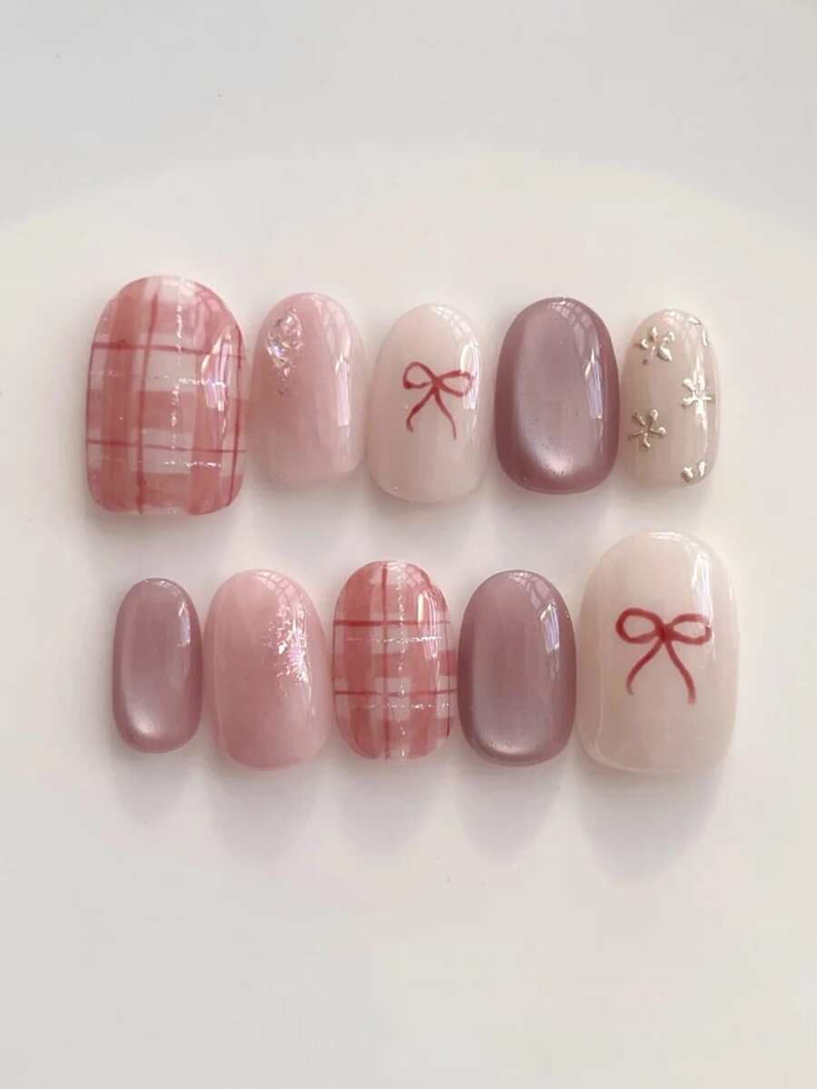 10 móng tay giả thủ công nguyên chất, móng ngắn hình oval, màu hồng, be và vàng, kiểu mắt mèo với họa tiết caro và nơ hoa, móng giả dễ thương phong cách Y2K, thích hợp cho phụ nữ và bé gái, dùng cho mùa xuân, hè, thu, đông, ngày lễ và sinh hoạt hàng ngày. - Hồng - Xem 1