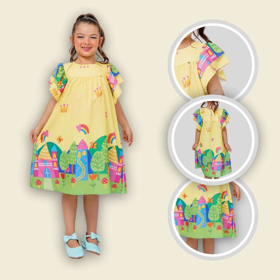 Girls' Themed Dress - , Enchanted Garden, Bees, Butterflies - Graduation, Fashionable, Blogger Style, Cool, For Parties, Birthdays, Everyday Wear, Casual, Girl's Clothing, Teen, Wedding, Printed, Loose-Fitting, Summer, Floral - 薑色 - 查看 1
