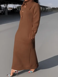 MOOD WOOD Women's Fall/Winter New Arrival Collared Loose-Fit Long-Sleeve Dress | Solid Color Half-Button Down Side-Slit Ankle-Length Maxi Dress | Commuter & Casual Flattering Silhouette - 棕色 - 查看 3