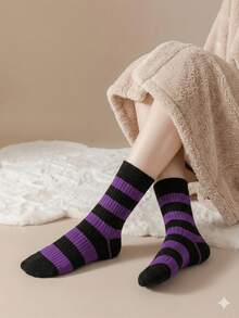 1/2/3/4/5/6 pares de calcetines de estilo retro a rayas para mujer, calcetines de media caña de punto acanalado de estilo grunge Y2K de algodón para uso diario y cosplay - Morado - Ver 8