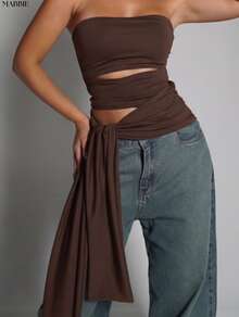 Strapless Blouse With Tie Detail, Double Fabric, Elegant Fashion. - 鏽棕色 - 查看 3