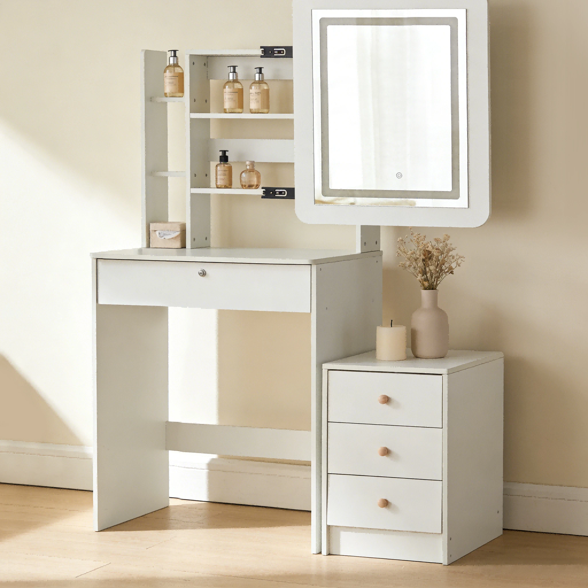 Split Dressing Table With Square Bright Mirror, White Dressing Table With Removable Drawers (Nightstand), Storage Rack, Bedroom Storage Rack, Space-Saving Dressing Table, Suitable For Small Space, Suitable For Holiday Gifts For Girls, Moving Gifts - White - View 1