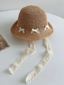 Children's Lace Bow Straw Hat, Summer Sun Protection, Foldable Beach Hat For Baby Girls - 1PC - View 3