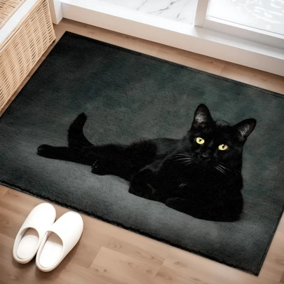 1개 검은 고양이 패턴 프린트 러그, 인조 양모 매트 - 흡수성 우수, 청소 용이, 가정 장식, 농가, 현관, 실내, 방, 주방, 식당, 소규모 사무실/재택근무, 싱크대, 세탁실, 발매트, 주방 매트, 미끄럼 방지 매트에 적합