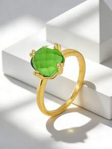 Charm-In Nhẫn nữ mạ vàng đính đá Zirconia màu xanh lá cây hình đệm, kiểu dáng cá tính và thanh lịch, thích hợp đeo hàng ngày, là món quà lý tưởng dành cho phái nữ vào dịp sinh nhật, kỷ niệm và các sự kiện mùa xuân. - Vàng - Xem 3