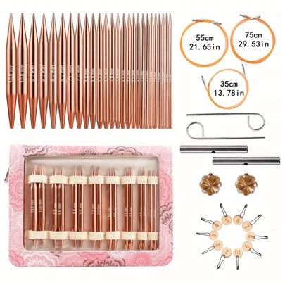 13pcs Rose Gold Interchangeable Circular Knitting Needles Set DIY Sweater, Scarf, Socks Knitting Tools Kit: 13pcs Rose Gold Circular Needles, 1pc Storage Bag, Connector Cord, Accessories (Random Color), Great Gift For Wife, Girlfriend