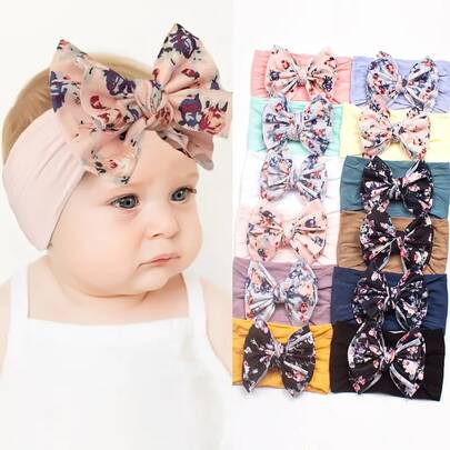 Baby Girls Floral Bow Decor Nylon Headbands Head Wraps Elastics Hairbands Hair Accessories For Newborn Infant Toddlers Gift