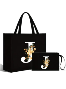 A-Z 花卉字母黑色帆布手提袋和化妆包套装，字母印花可重复使用购物袋搭配同款化妆包，适合携带日常必需品、杂货、化妆品和办公用品，是伴娘、学生、上班族和送礼佳品的理想之选，也适合日常出行、购物、婚礼和通勤等场合。 - 彩色 - 查看 25