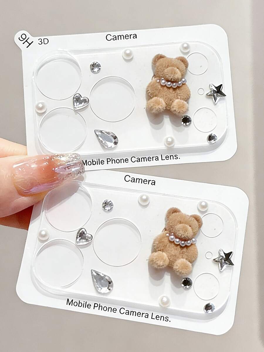 Protector de lente de cámara transparente con base de cristal y diseño de oso lindo en 3D, compatible con iPhone 17 Pro Max/17 Pro, capa protectora clara y duradera, cubierta de lente de cámara aplicable para uso diario, oficina y hogar, a prueba de agua, a prueba de golpes, resistente a arañazos - Oso marrón claro perlado - Ver 1