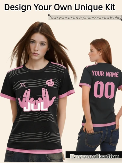 1pc Women's Personalized Black & Pink Football Jersey - Bold Gesture Pattern, Delicate Wavy Texture, Moisture-Wicking Breathable Fabric, Customize Your Name & Number, Unique On The Field, July Games, Valentine's Day Gift