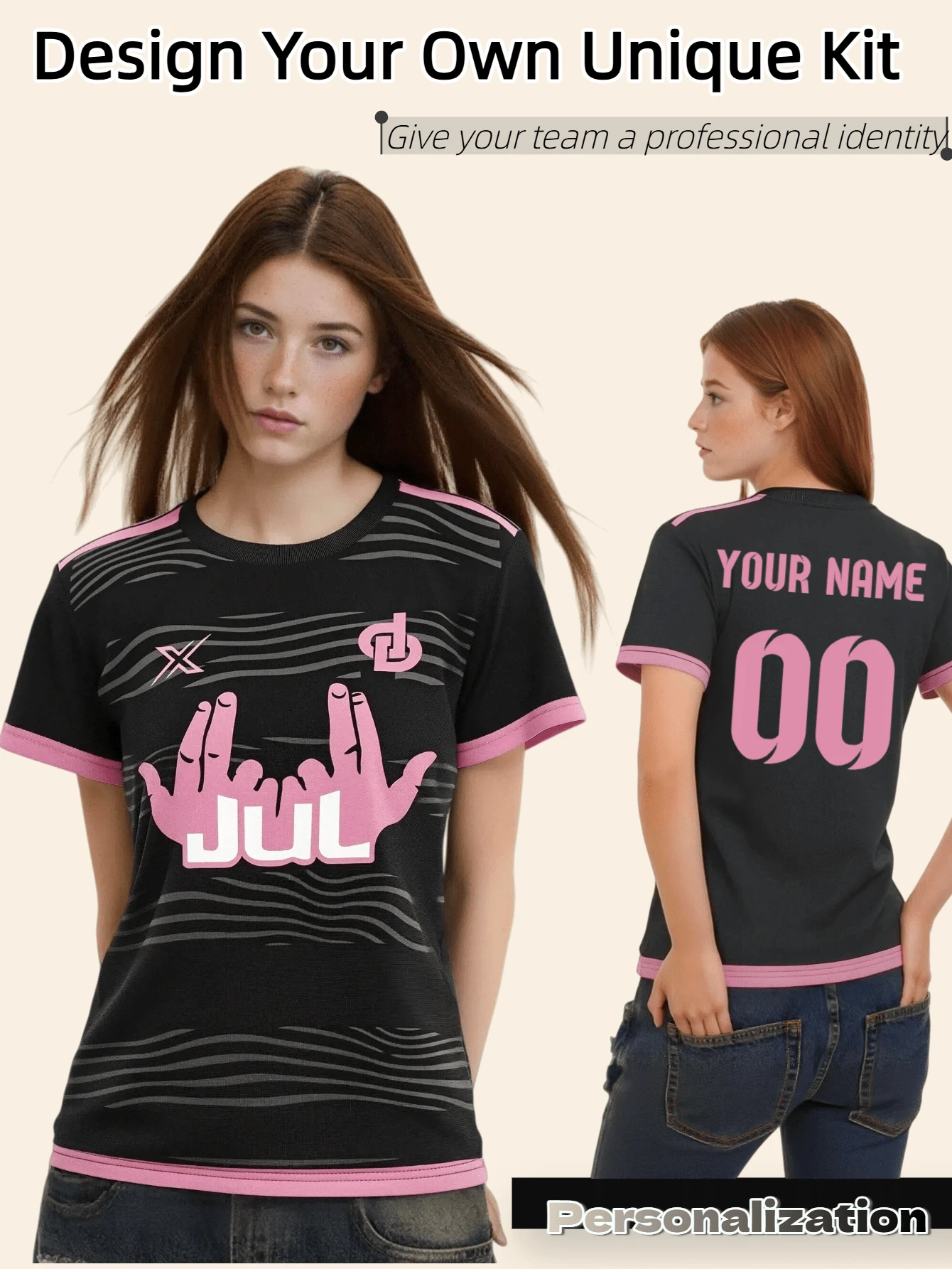 1pc Women's Personalized Black & Pink Football Jersey - Bold Gesture Pattern, Delicate Wavy Texture, Moisture-Wicking Breathable Fabric, Customize Your Name & Number, Unique On The Field, July Games, Valentine's Day Gift - Black - View 1