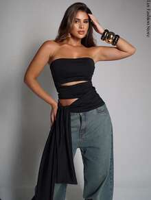 Elegant Strapless Tie-Front Blouse In Double-Layered Fabric. - 黑色 - 查看 3