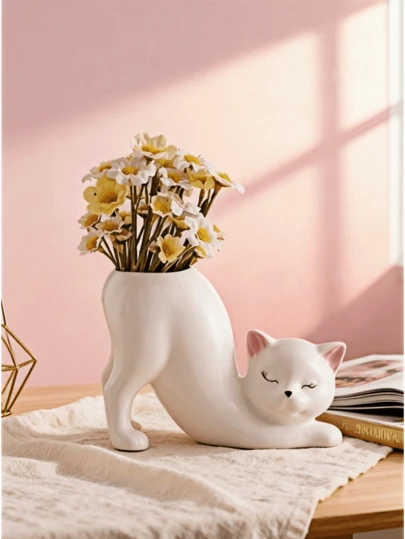 1pc Cat-Shaped Vase, Cute Sleeping Cat Design, Adorable Home Desktop Decor, Modern Living Room Bedroom Office Flower Vase, Aesthetic Decor, Gift Idea, Animal Sculpture, Floral Arrangement, Centerpiece