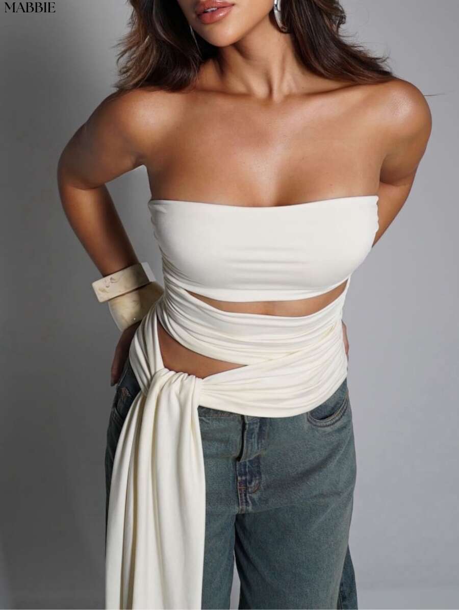 Strapless Blouse With Tie Detail, Double Fabric, Elegant Fashion. - trắng - Xem 1