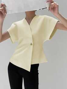 女士休闲、优雅、时尚的V领纽扣衬衫，配金属领，适合办公室通勤和春季穿着。 - 淡黃色 - 查看 5