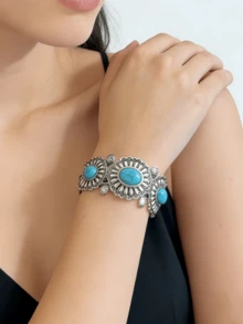1pc Metal Vintage Silver Turquoise Decor Bohemian Style Women's Open Cuff Bracelet Suitable For Daily Wear, Vacation And Multiple Occasions - Multicolor - View 2