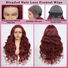 34英寸 200% 密度 13x4 波浪卷发蕾丝前假发，带婴儿发 - 即戴即走，无需胶水，无需技巧 - 勃艮第红 #99J - 预剪预拉预烫真发巴西原生蕾丝闭合假发，无需胶水 - 混合式前额真人发假发，无需胶水编织假发，适合女性日常佩戴，易于佩戴的混合发 - SBUG/99J - 查看 4