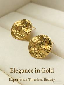 Large Gold Stud Earrings. Stainless Steel Badge Earrings, Ladies' Round Disc Earrings With Irregular Texture. Fashionable Retro Jewelry. - Multicolor - View 2