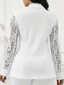 1pc Casual Daily Commute Versatile Lace Patchwork Faux Pocket Lapel Cardigan Jacket White - White - View 2