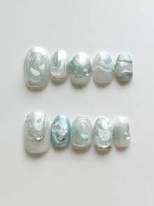 10件手工短圓形美甲貼紙，冰藍色與銀色亮片美甲貼花，3D水滴裝飾，可愛時尚，適合女性與女孩，適用於假期與日常美甲，手工穿戴式美甲 - 淺藍色 - 查看 1